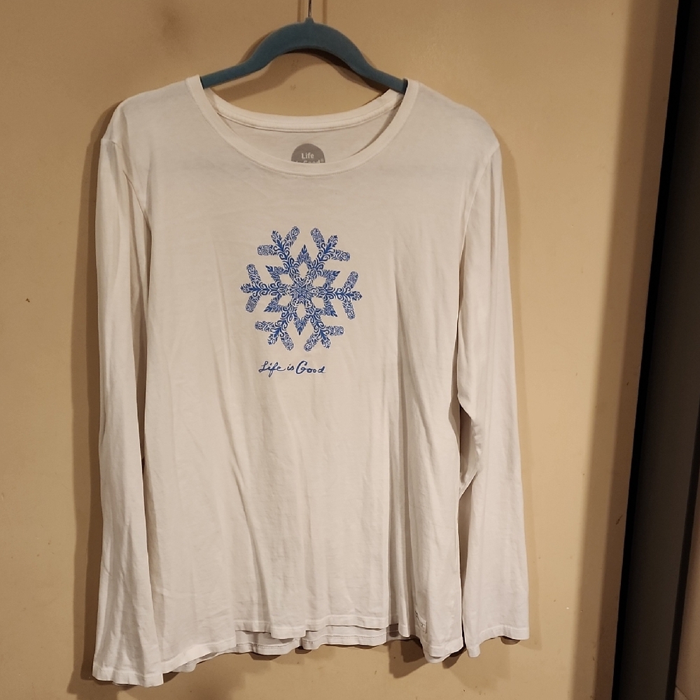 Life Is Good White Long Sleeve with Blue Snowflake